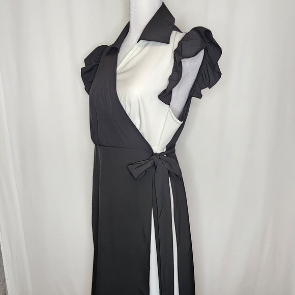 Skue Curve Sz 1XL Black & White Ruffle Sleeve Collar Neck Wrap Dress Tie Waist - Picture 4 of 16